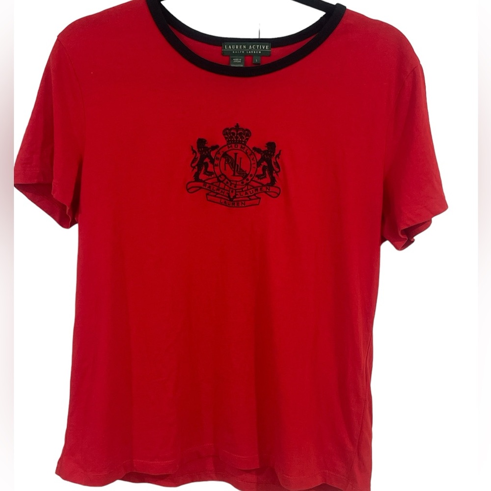LAUREN ACTIVE Ralph Lauren red tee with black trim and emblem